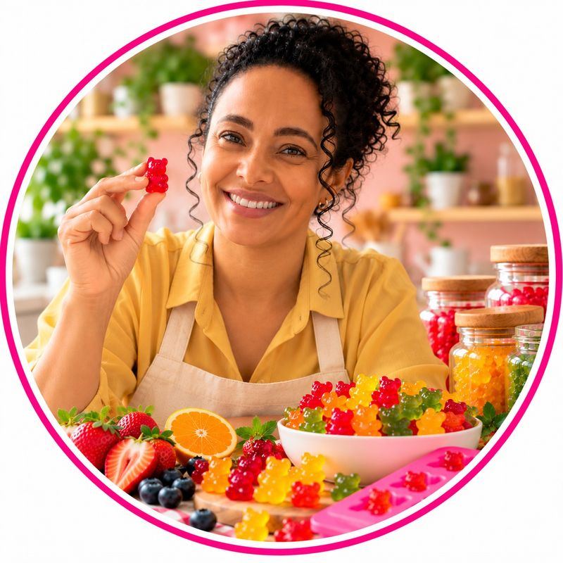 Creadora de Fábrica de Gomitas sosteniendo una gomita